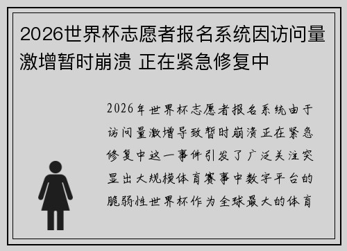 2026世界杯志愿者报名系统因访问量激增暂时崩溃 正在紧急修复中